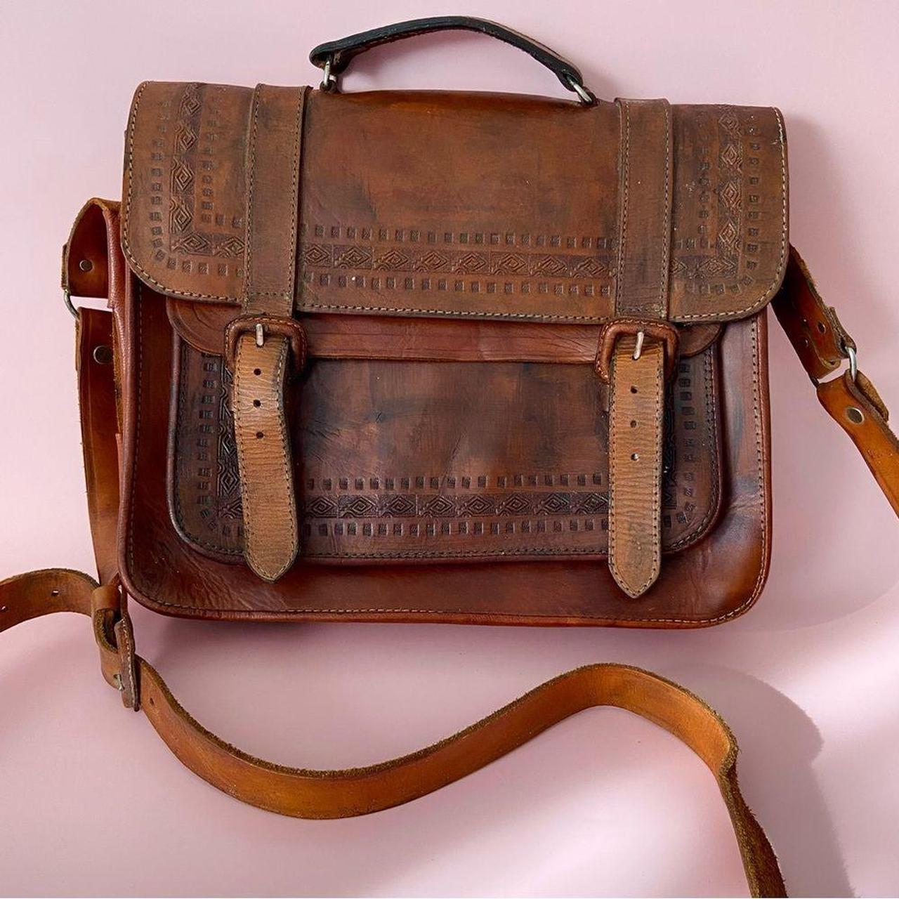 70s tooled leather crossbody messenger style purse... Depop