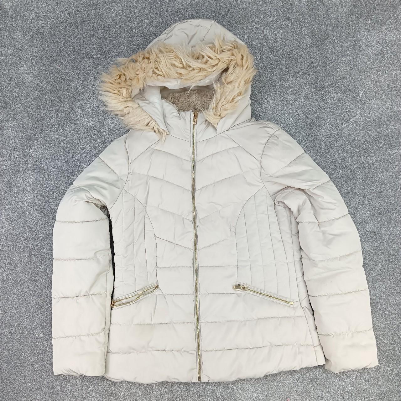 PEACOCKS PUFFER COAT Y2K CREAM FUR HOOD PADDED ZIP... - Depop