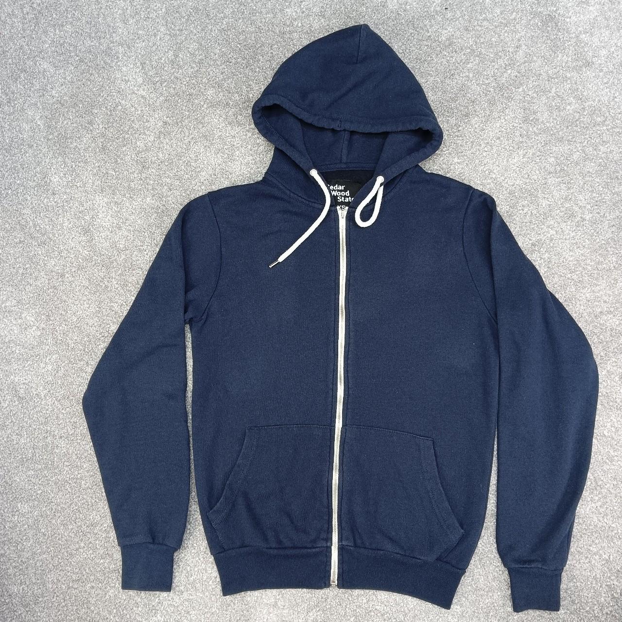 NAVY ZIP UP HOODIE JACKET FLEECE INNER CEDAR WOOD... - Depop