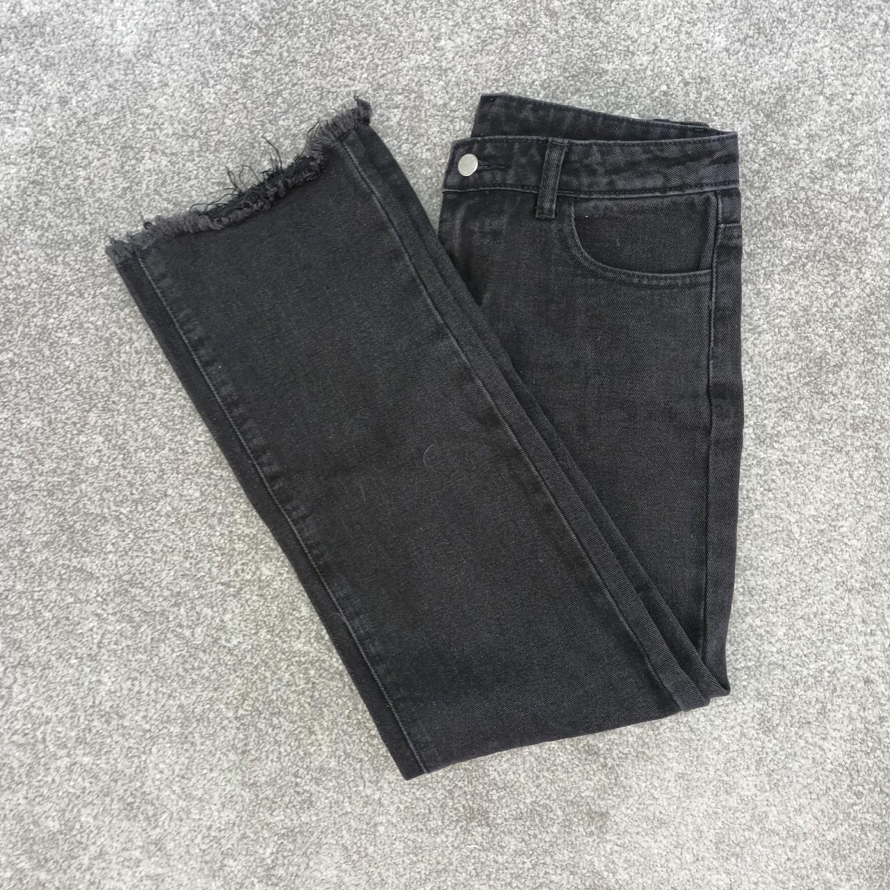 BLACK STRAIGHT LEG DENIM JEANS RAW HEM DISTRESSED... - Depop