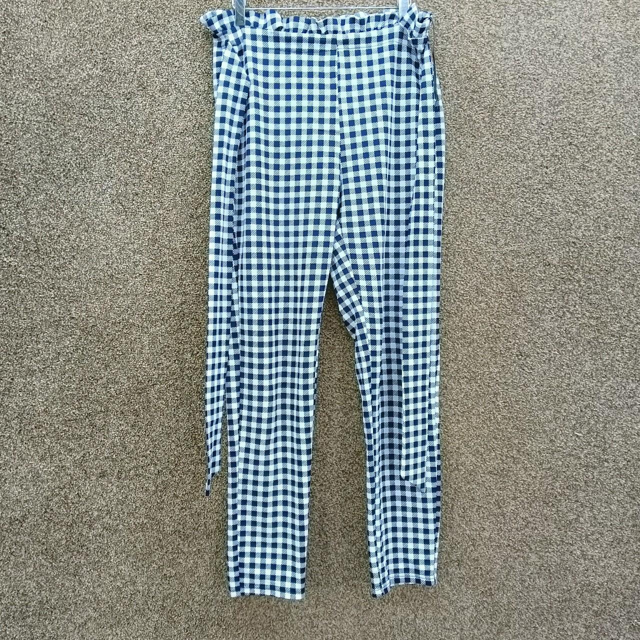 NAVY WHITE GINGHAM PAPERBAG TROUSERS TIE WAIST CREPE... - Depop