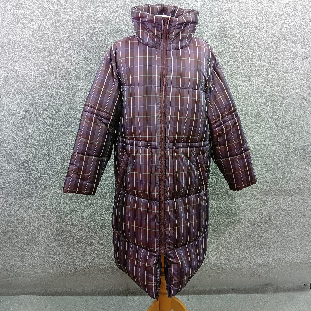 ASOS PURPLE CHECK LONGLINE PUFFER COAT TIE WAIST... - Depop