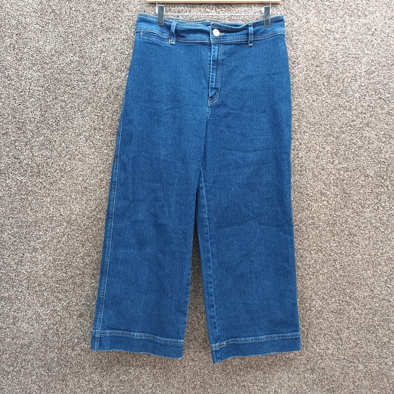 H&M DARK BLUE CROPPED JEANS WIDE LEG CREAM CONTRAST... Depop