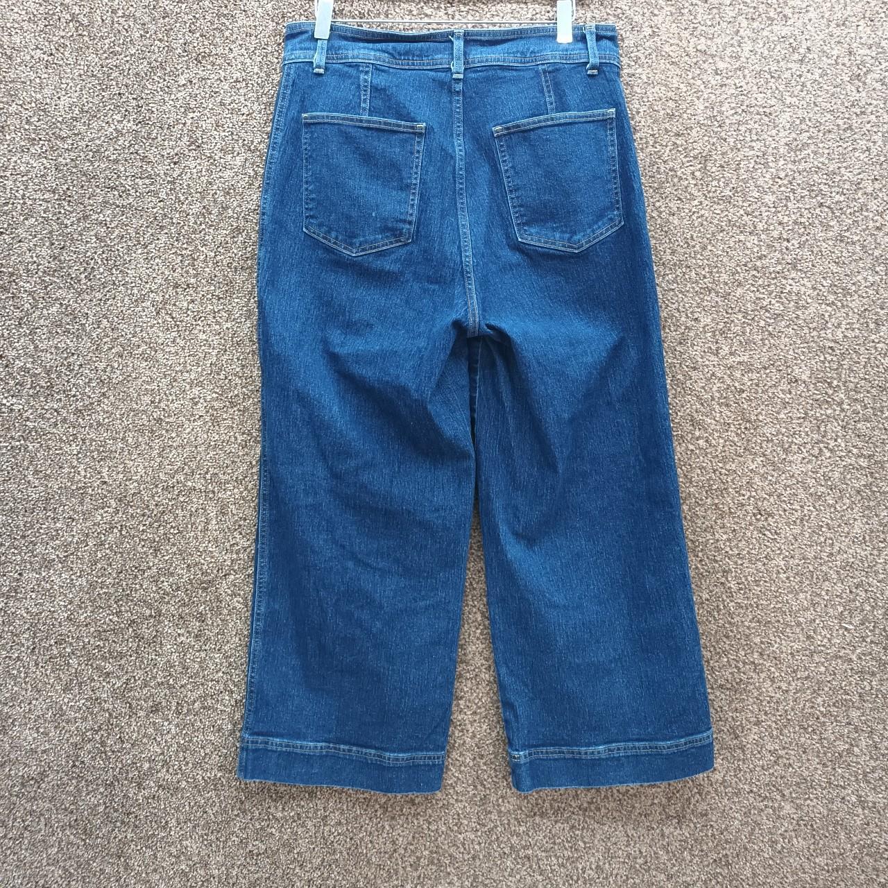 H&M DARK BLUE CROPPED JEANS WIDE LEG CREAM CONTRAST... - Depop