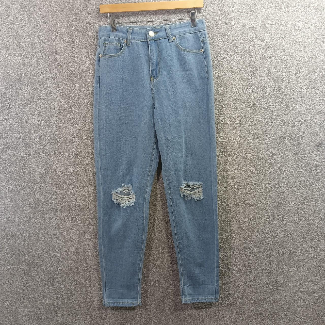 BOOHOO BLUE DISTRESSED BOYFRIEND JEANS MID RISE... - Depop