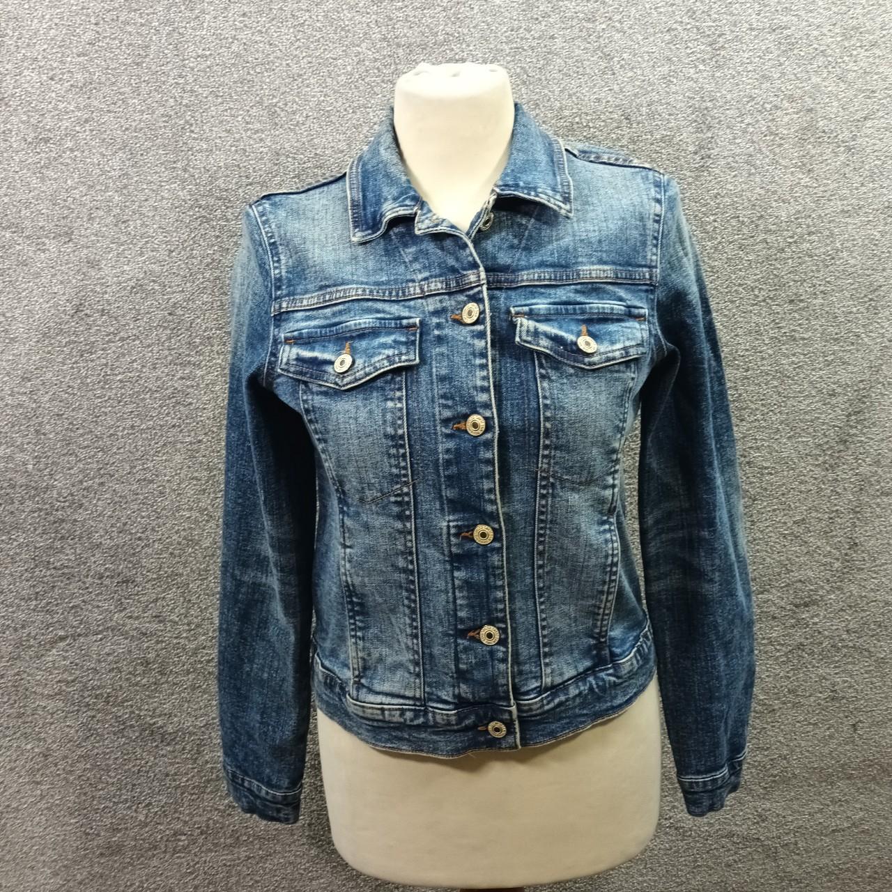 MANGO BLUE DENIM JACKET VINTAGE LOOK WASHED STITCH... - Depop