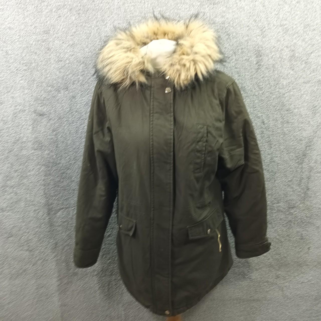 NEW LOOK KHAKI PADDED COAT LONG FAUX FUR HOOD THICK... - Depop