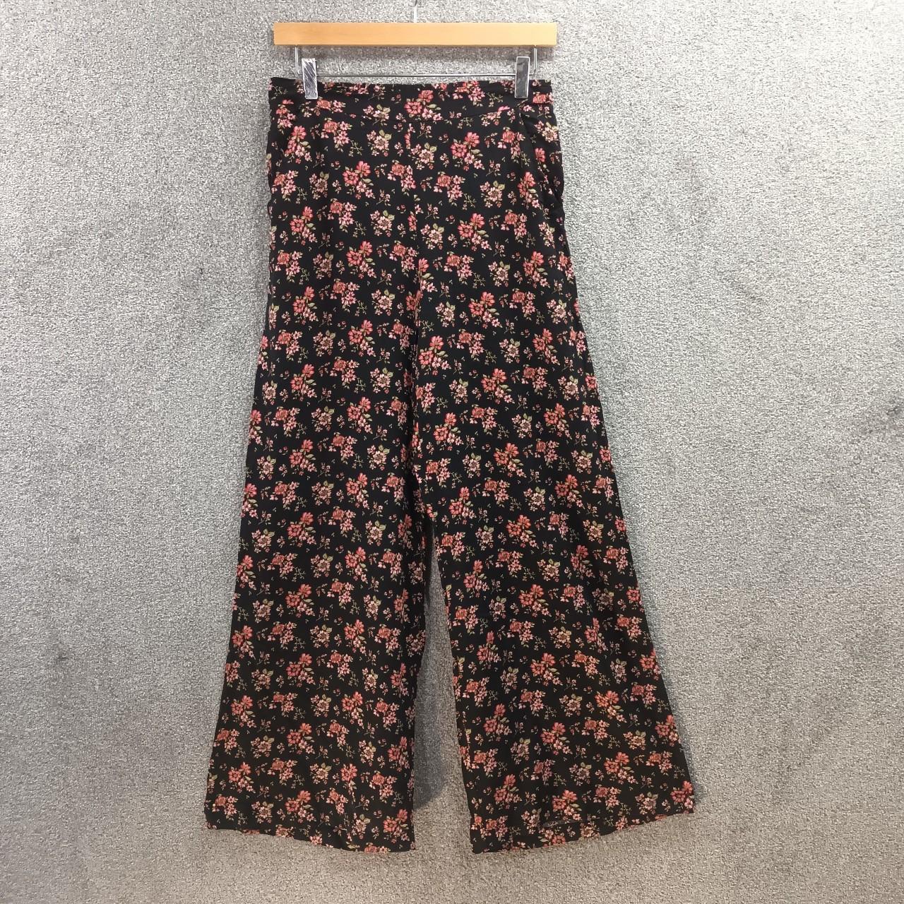 FOREVER 21 BLACK PINK FLORAL TROUSERS WOVEN WIDE LEG... - Depop