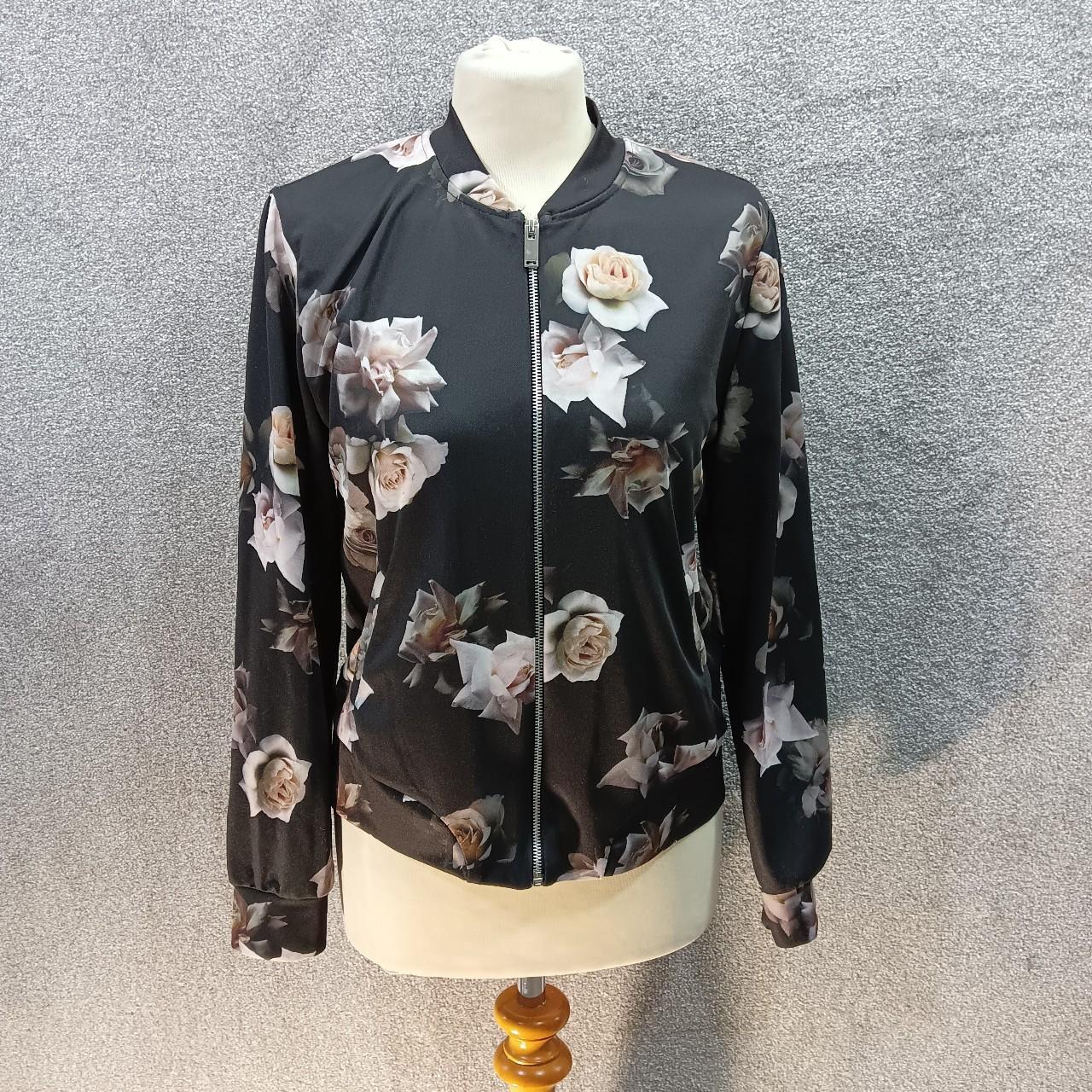 NEW LOOK BLACK CREAM FLORAL JACKET BOMBER ZIP UP... - Depop