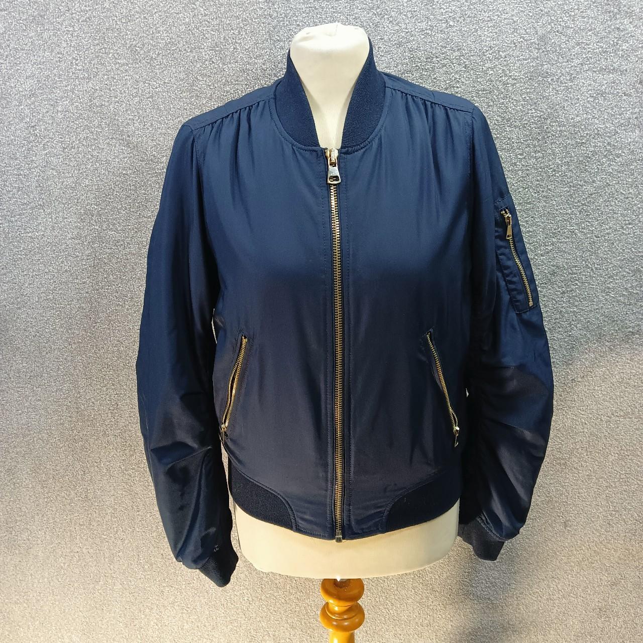 TOPSHOP NAVY SATIN BOMBER JACKET PADDED GOLD ZIP... - Depop