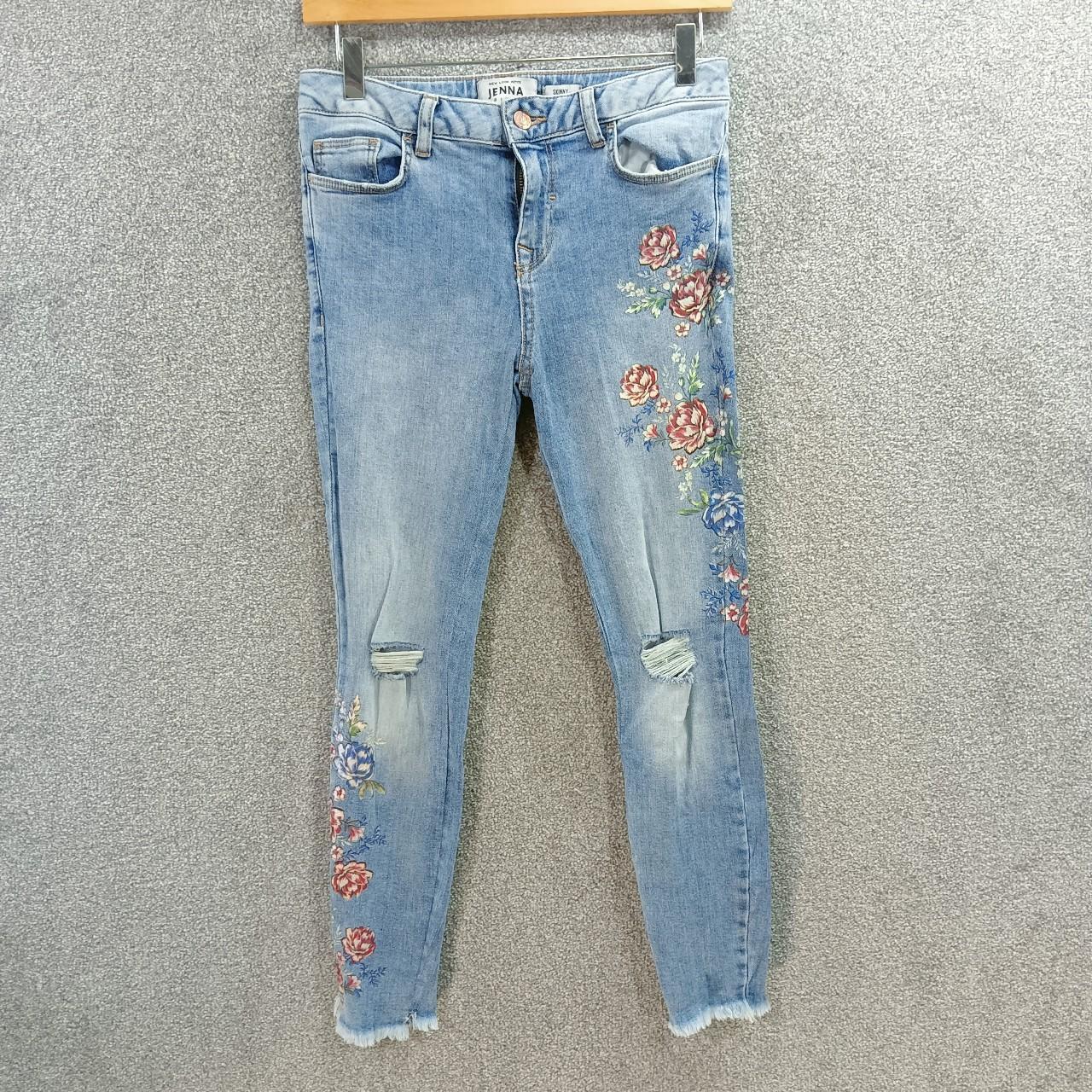 NEW LOOK PETITE BLUE FLORAL JEANS SKINNY RIOOED HIGH... Depop