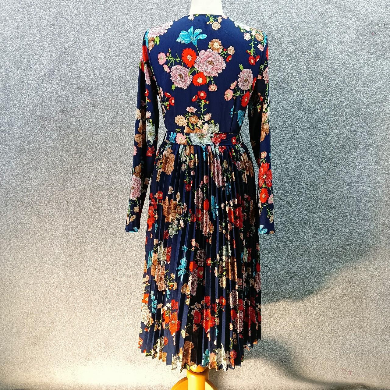 PLT NAVY FLORAL MIDI DRESS LONG SLEEVE PLEATED FLARE... - Depop