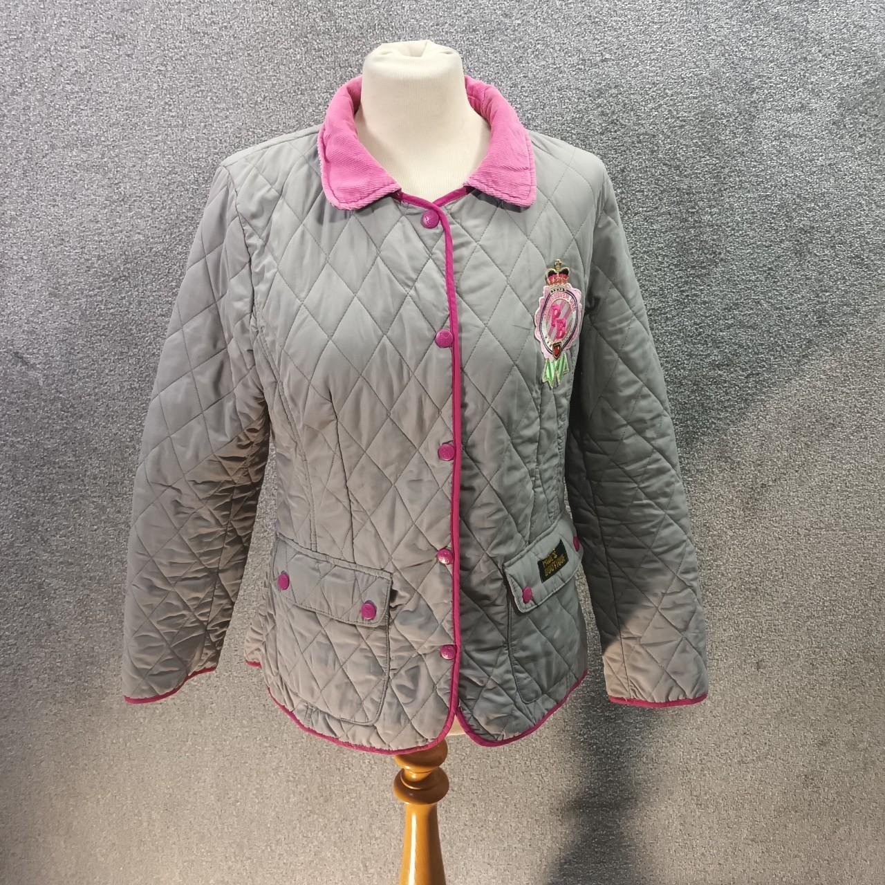PAULS BOUTIQUE GREY PINK COAT QUILTED FARMER LOGO... Depop