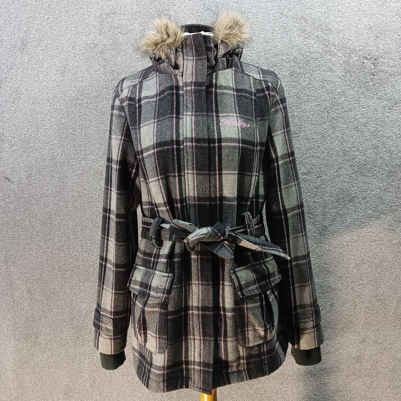 HENLEYS BLACK GREY PINK CHECKERED COAT TIE WAIST... Depop