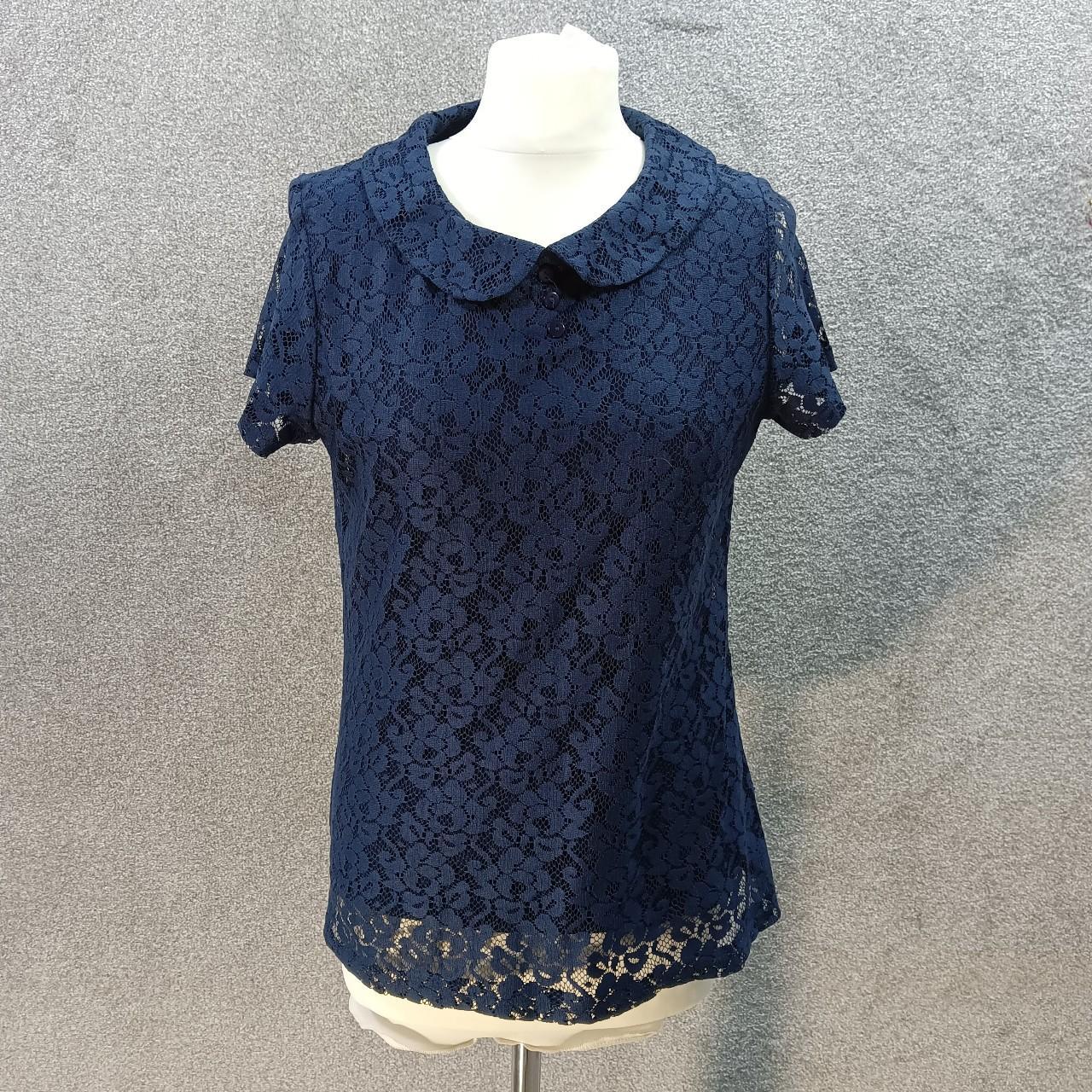 M&Co NAVY FLORAL LACE TOP TSHIRT SHORT SLEEVE COLLAR... - Depop