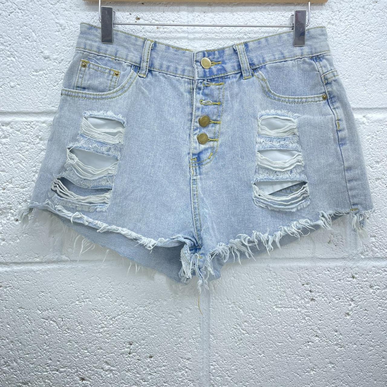 SHEIN LIGHT BLUE RIPPED DENIM SHORTS HIGH WAIST... - Depop