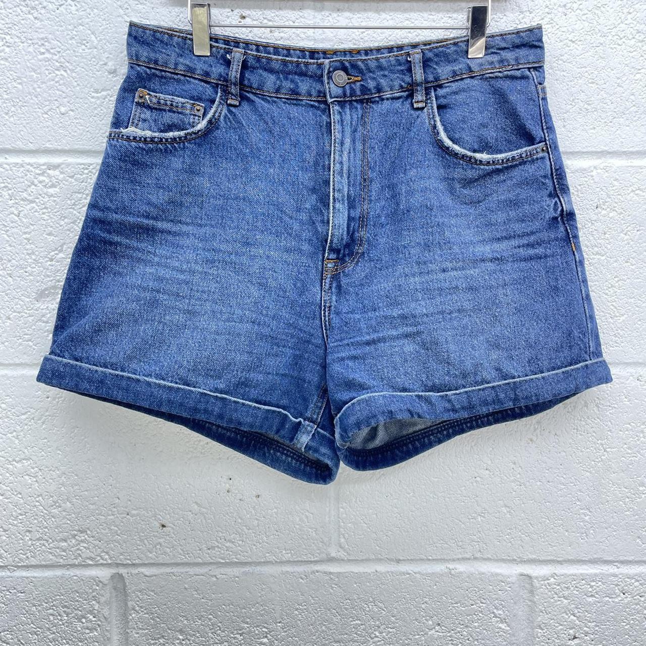 BERSHKA BLUE DENIM BOYFRIEND SHORTS ROLLBACK HEM LOW... - Depop