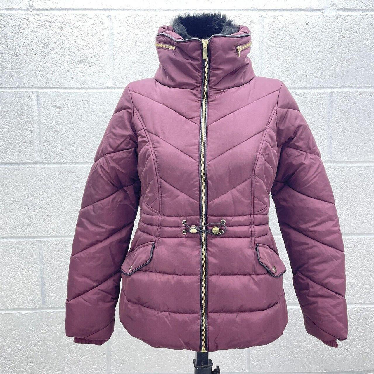 OASIS Y2K BURGUNDY PADDED PUFFER GOLD ZIP FUR NECK. Depop