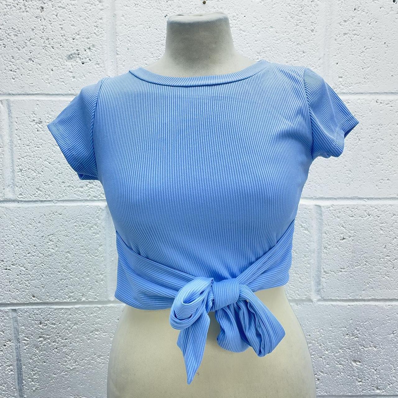 BLUE RIBBED CO ORD SET CROP TOP & FLARE TROUSERS TIE... - Depop