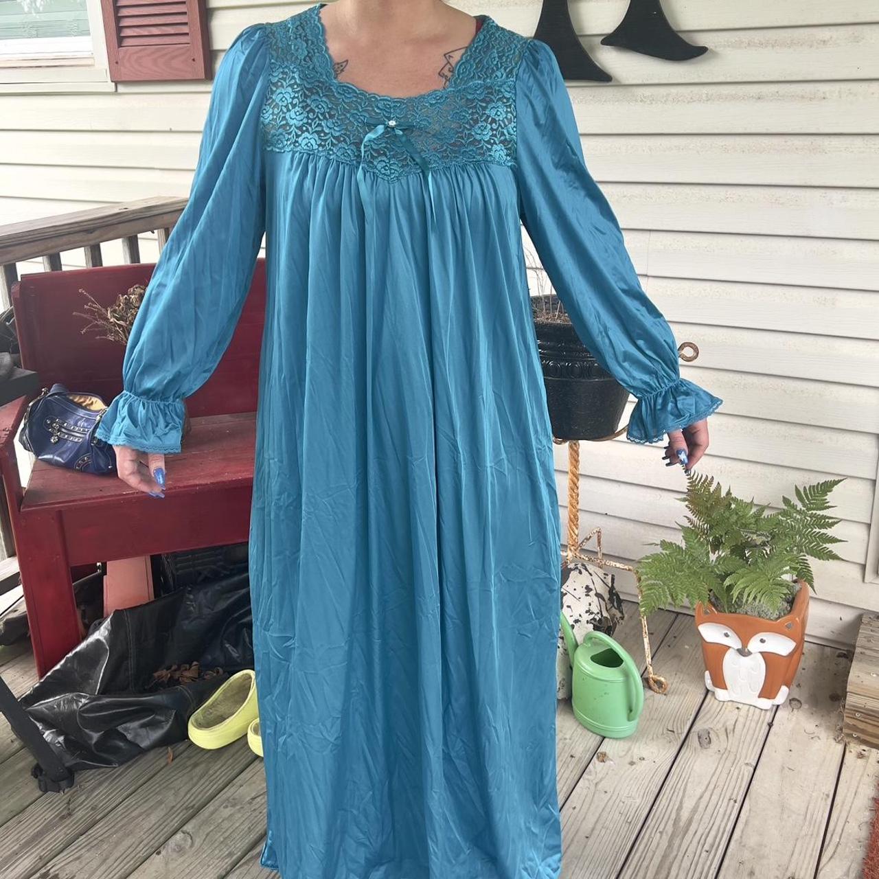 Vintage Blue Lace Maxi Night Gown Lingerie with long... - Depop