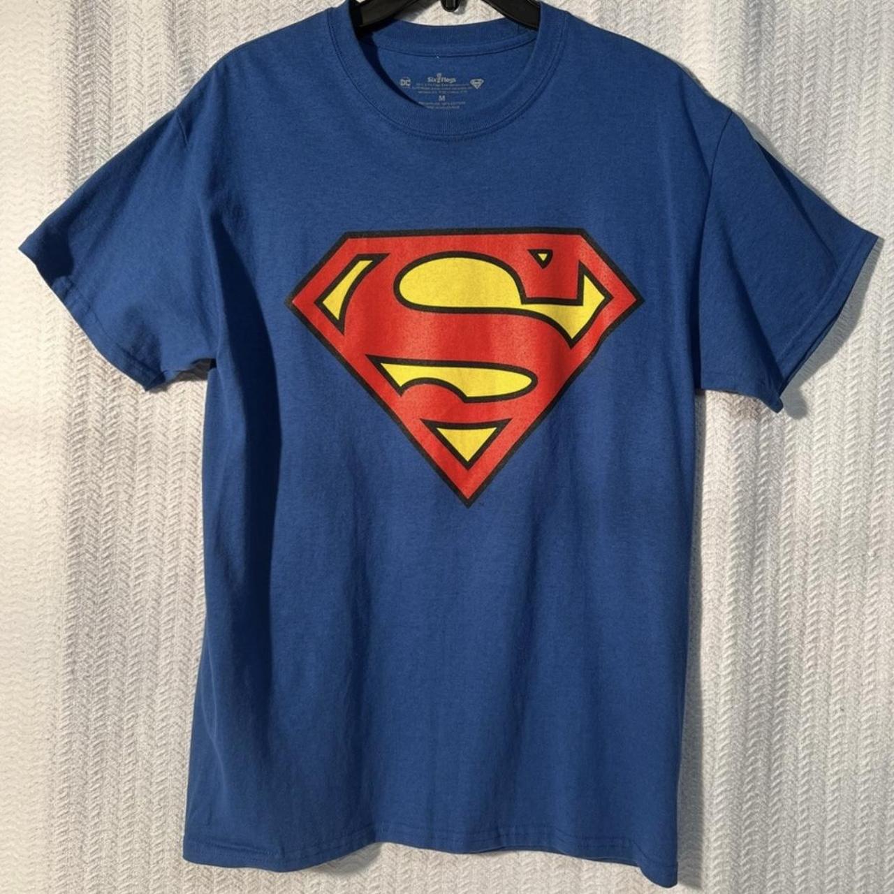 DC comics six flags blue superman tee - pit to pit... - Depop