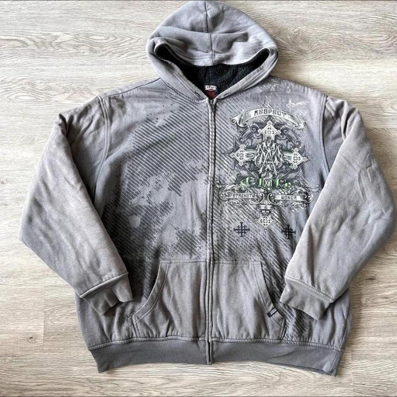 Y2K MMA Elite fleece-lined grey zip-up hoodie... - Depop