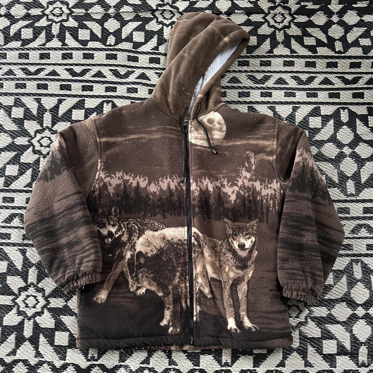 Vintage 90 wolf aop brown fleece jacket - Depop