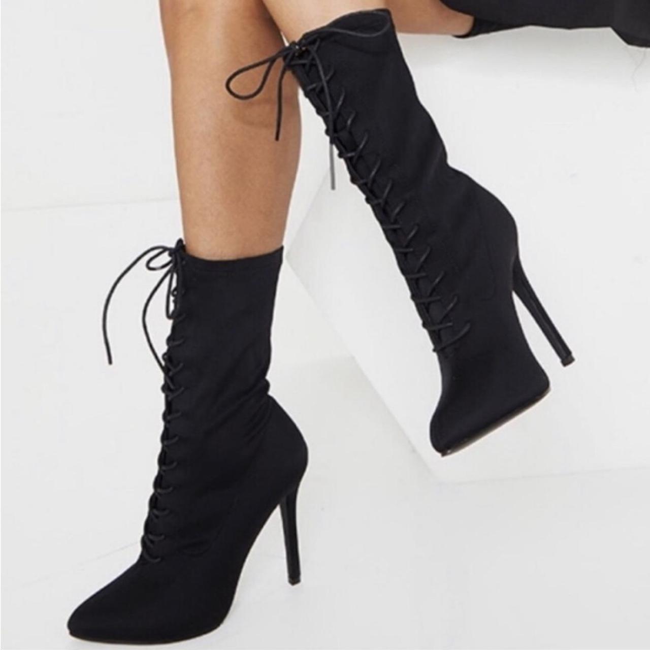 Black Lace Up Heeled Booties From - Depop