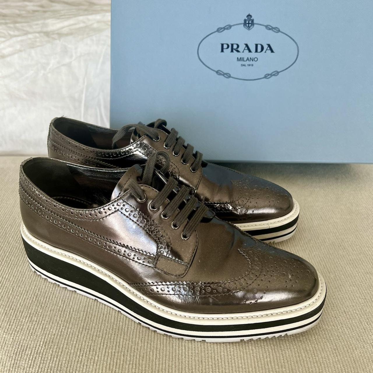 Prada brogues with box gunmetal leather flat form