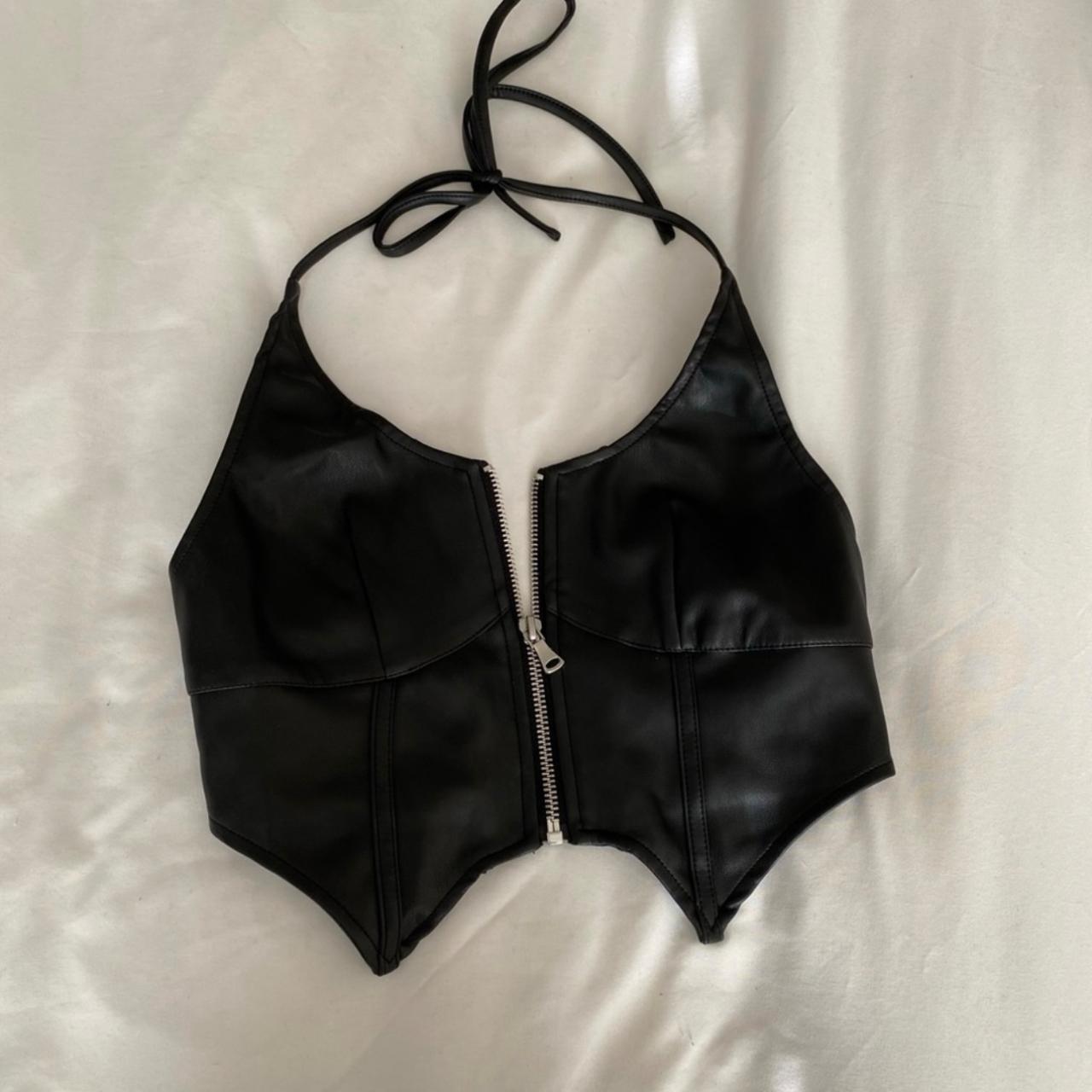 Pamela Anderson inspired faux leather zip up halter... - Depop