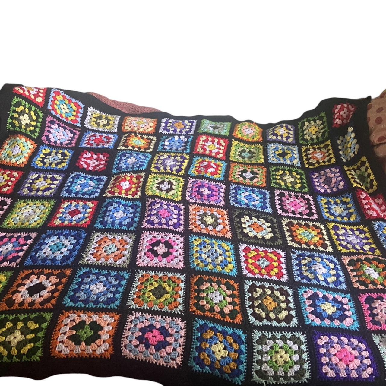 beautiful black background granny square knit throw... - Depop