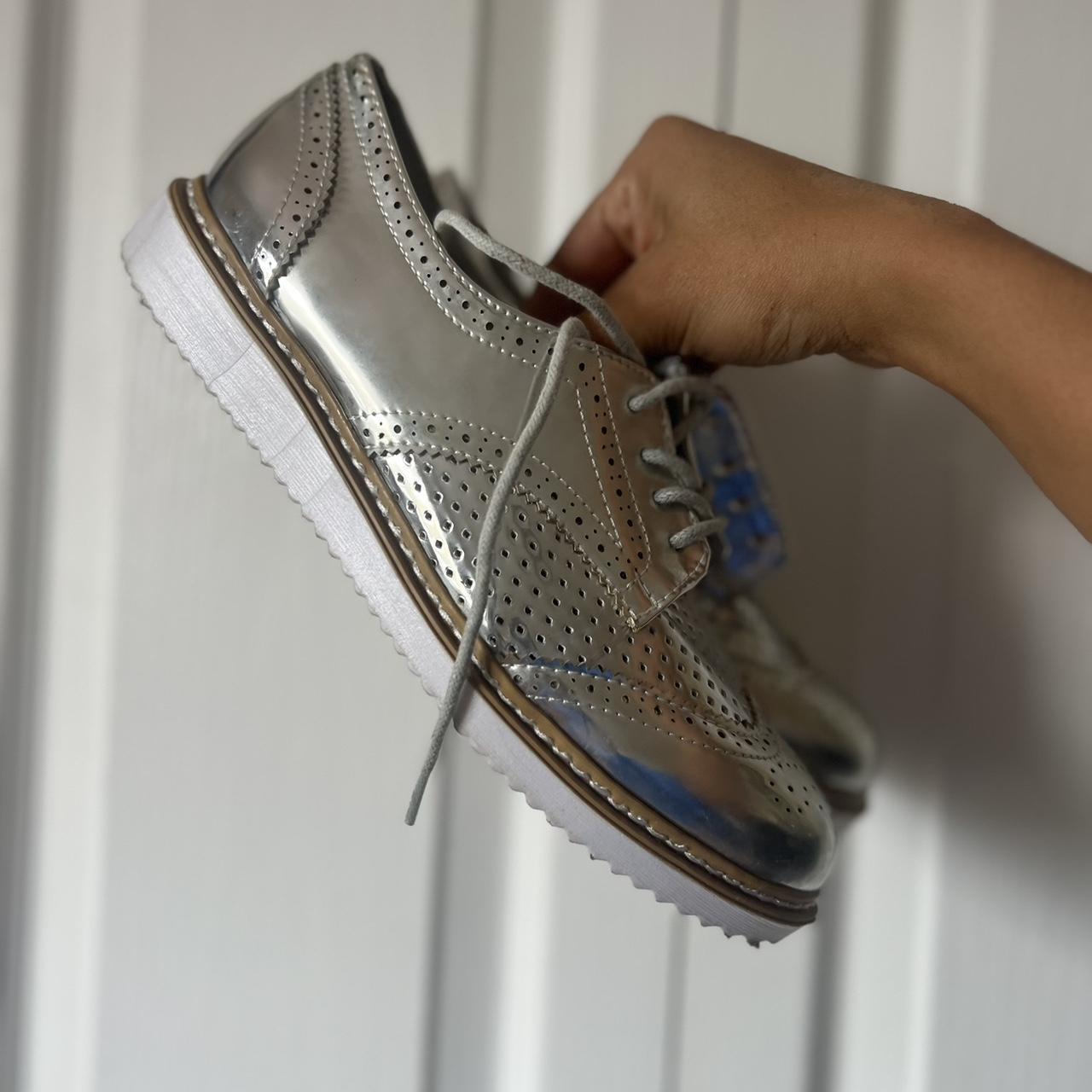 Silver brogues with a low heel and lace up design... | Depop, image size:1280x1280