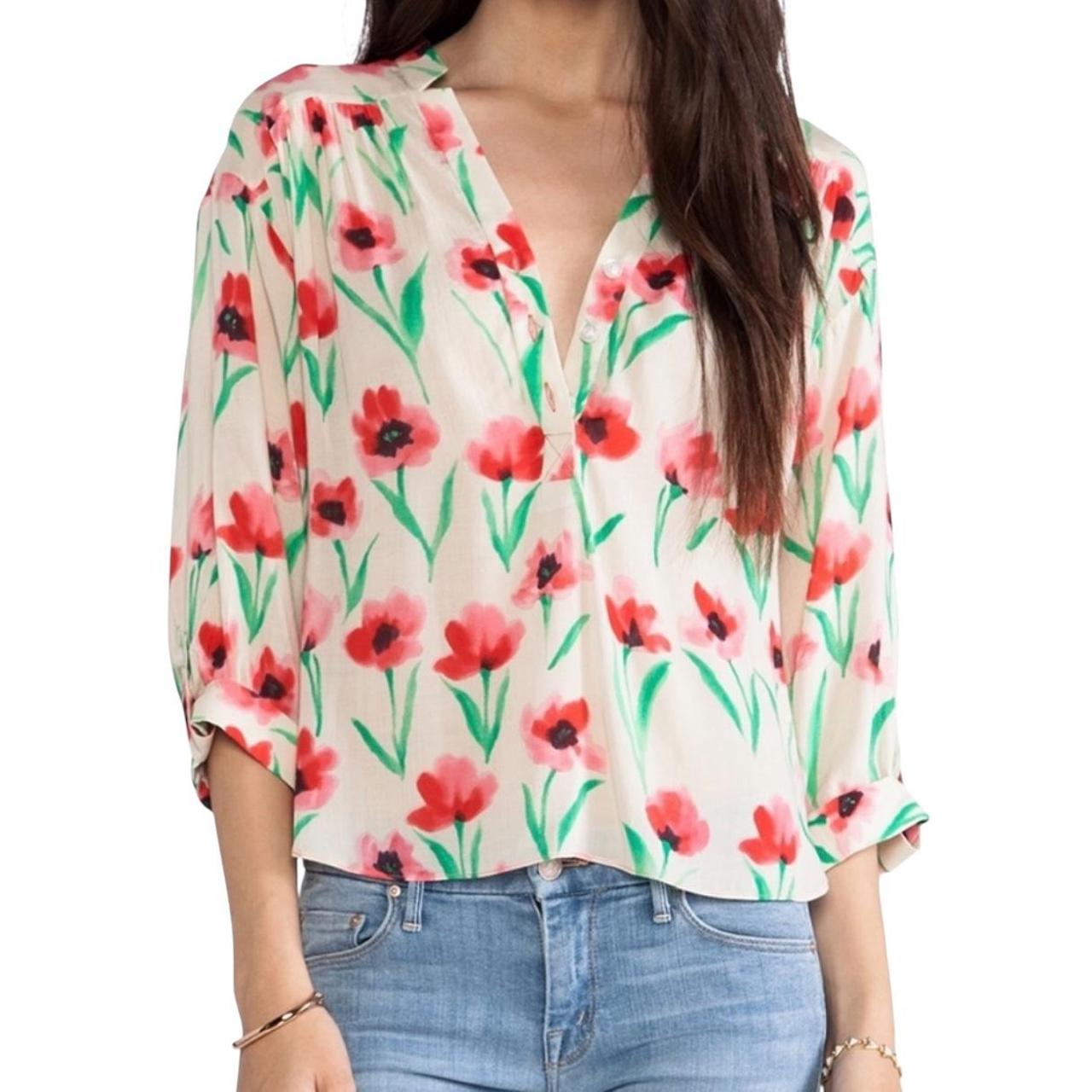 Milly Women's Blouse - Multi/Cream - 4 – Floral blouse with V-neck and 3/4 sleeves …