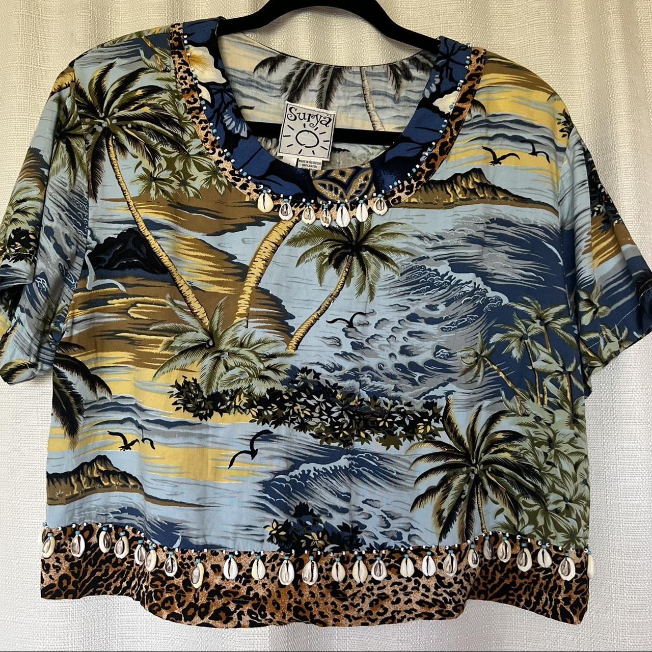 Vintage Surya Shirt Blue Tropical Palm & Leopard - Depop