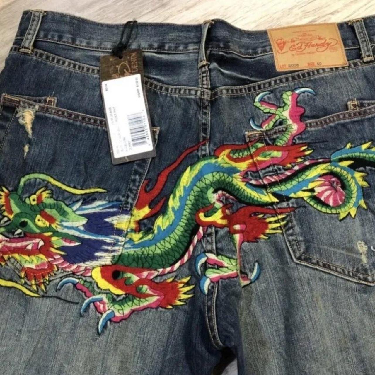 Ed hardy pants embroidered dragon Size 40/34... - Depop