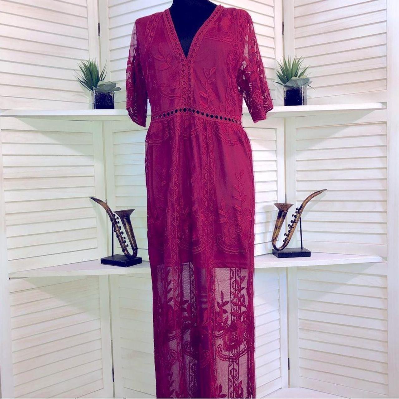 burgundy lace romper maxi dress