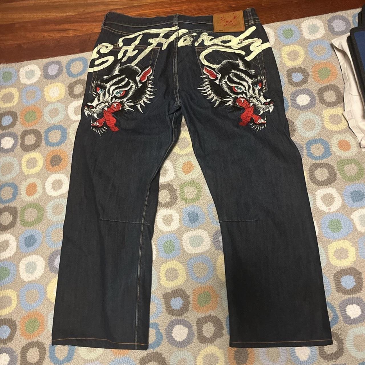 Ed Hardy Men's Black and Red Jeans | Depop