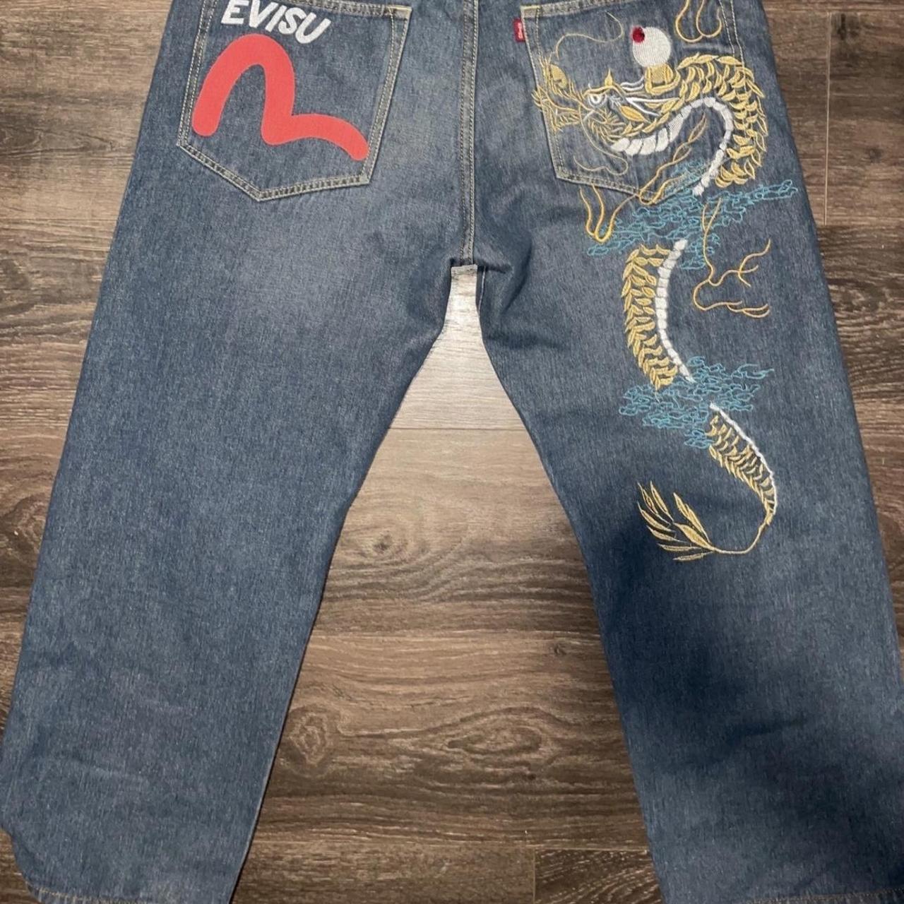 EVISU RARE DRAGON EMBROIDERED JEANS SIZE 38 inseam... - Depop