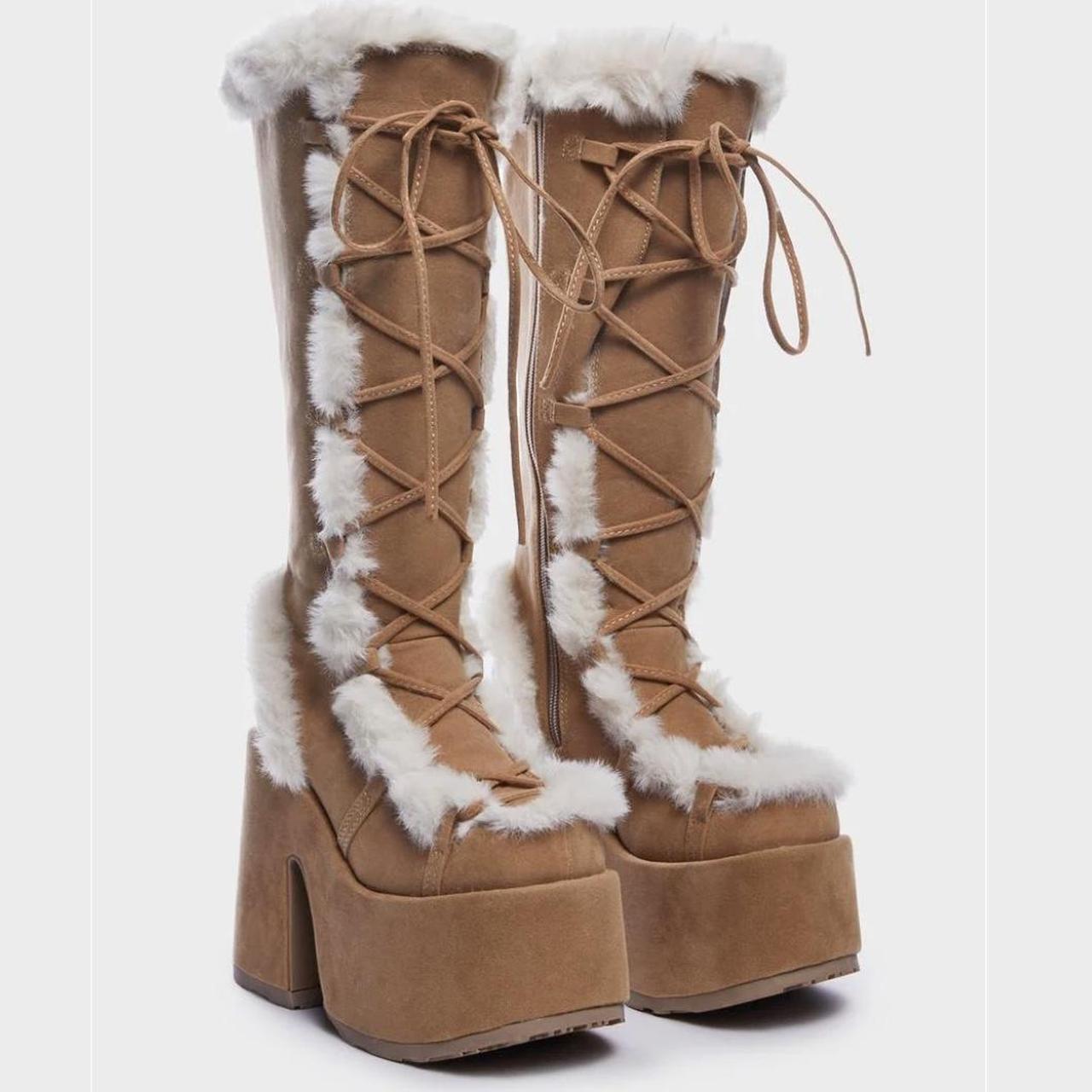 Demonia Camel 311 Vegan Suede Tan Knee High Faux Fur Depop