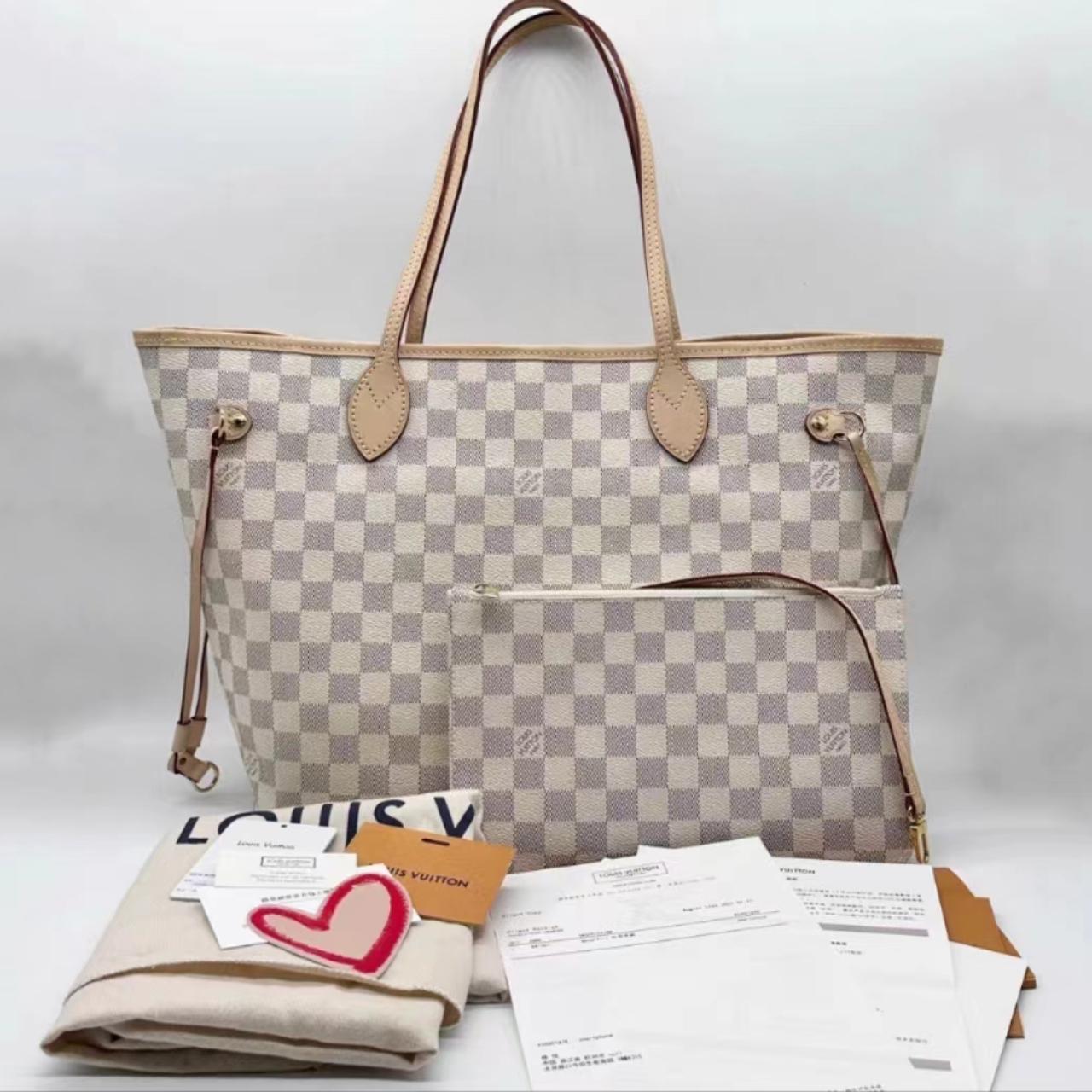 Louis Vuittonneverfull white checkerboard beige... - Depop