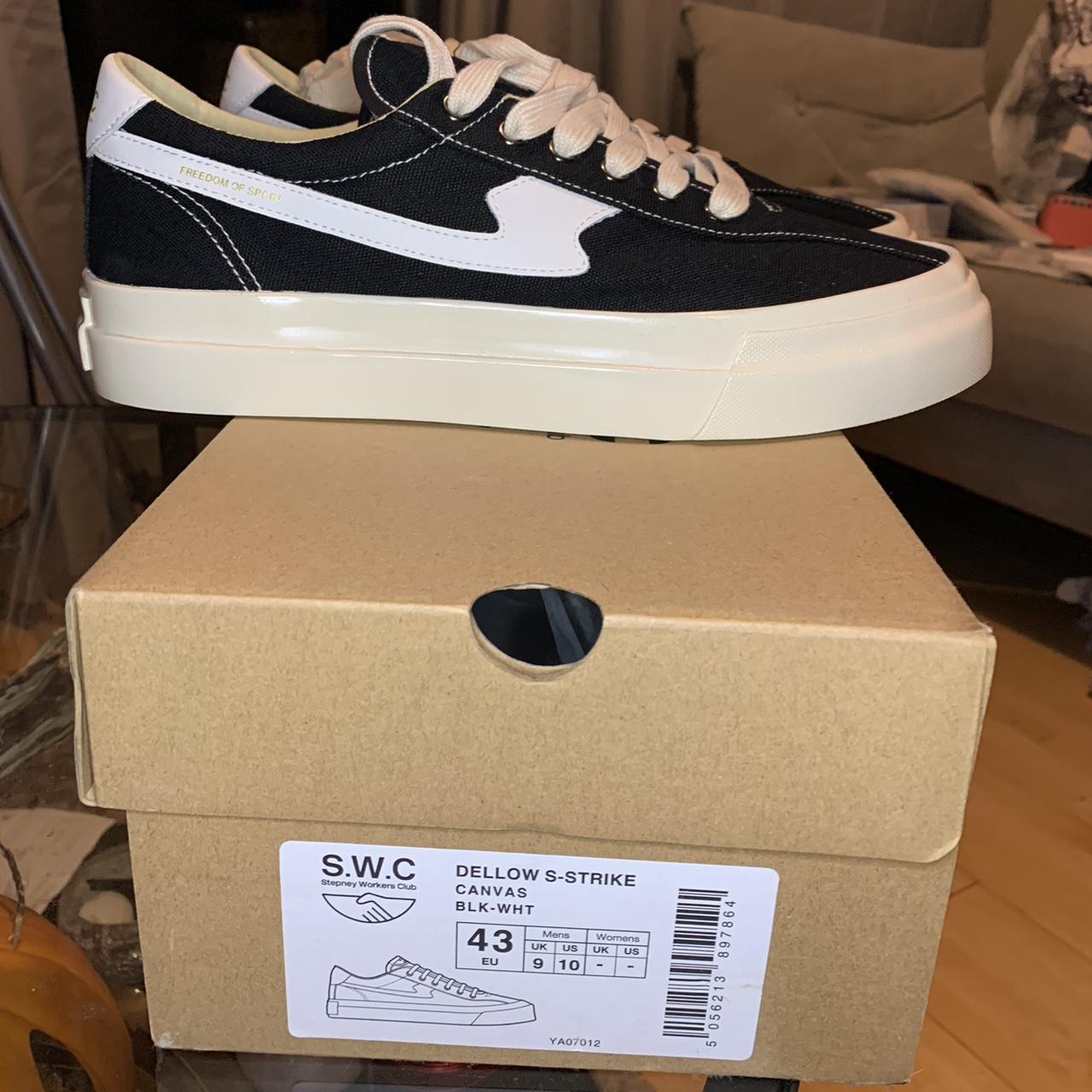 Stepney Workers Club Men's Black and White Trainers Depop