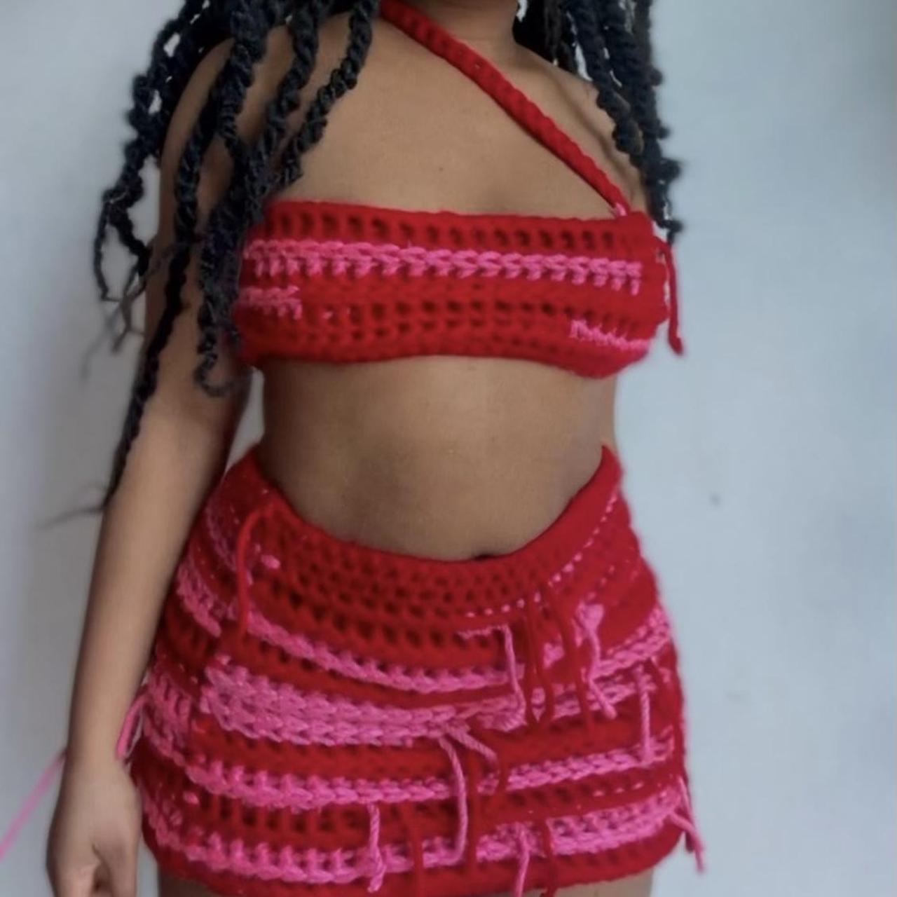 Pink and red one of a kind crochet set/co ord Ready Depop
