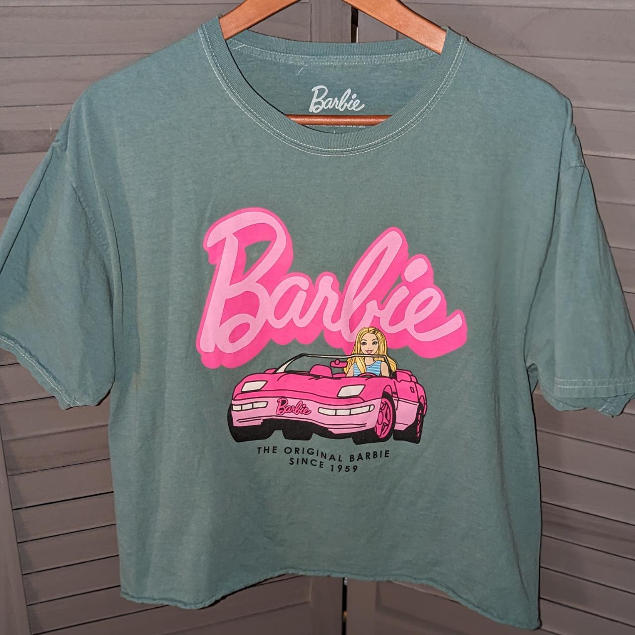 Barbie convertible cropped graphic tee Dark green... - Depop