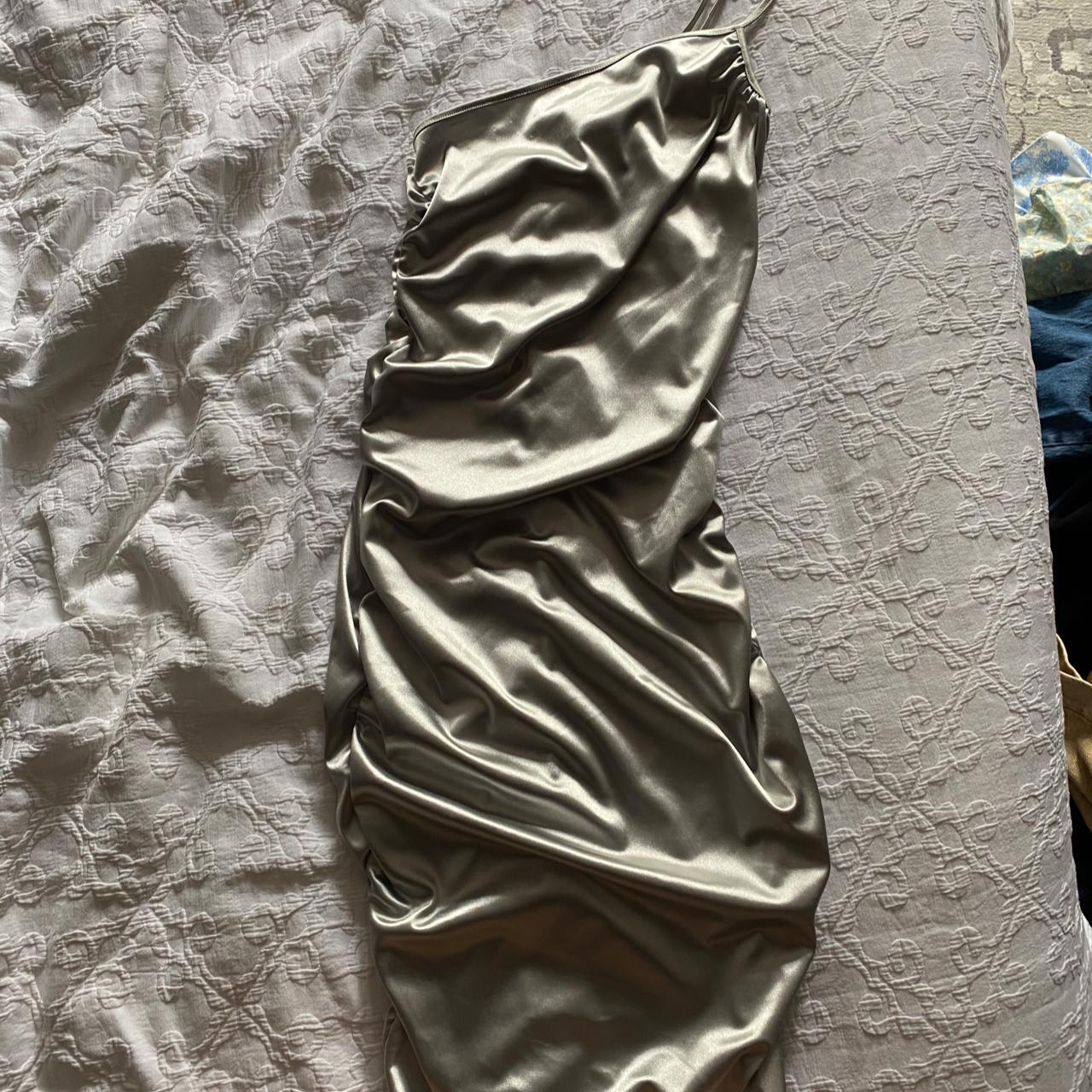 metallic one shoulder scrunch dress, never worn - Depop