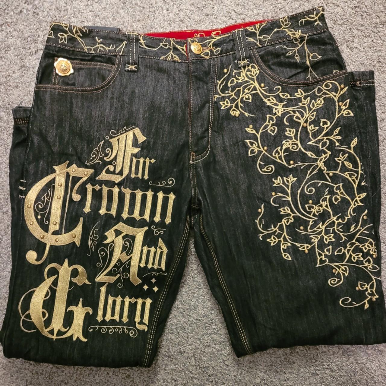 Super hard gold embroidered crown holder jeans Gold... - Depop