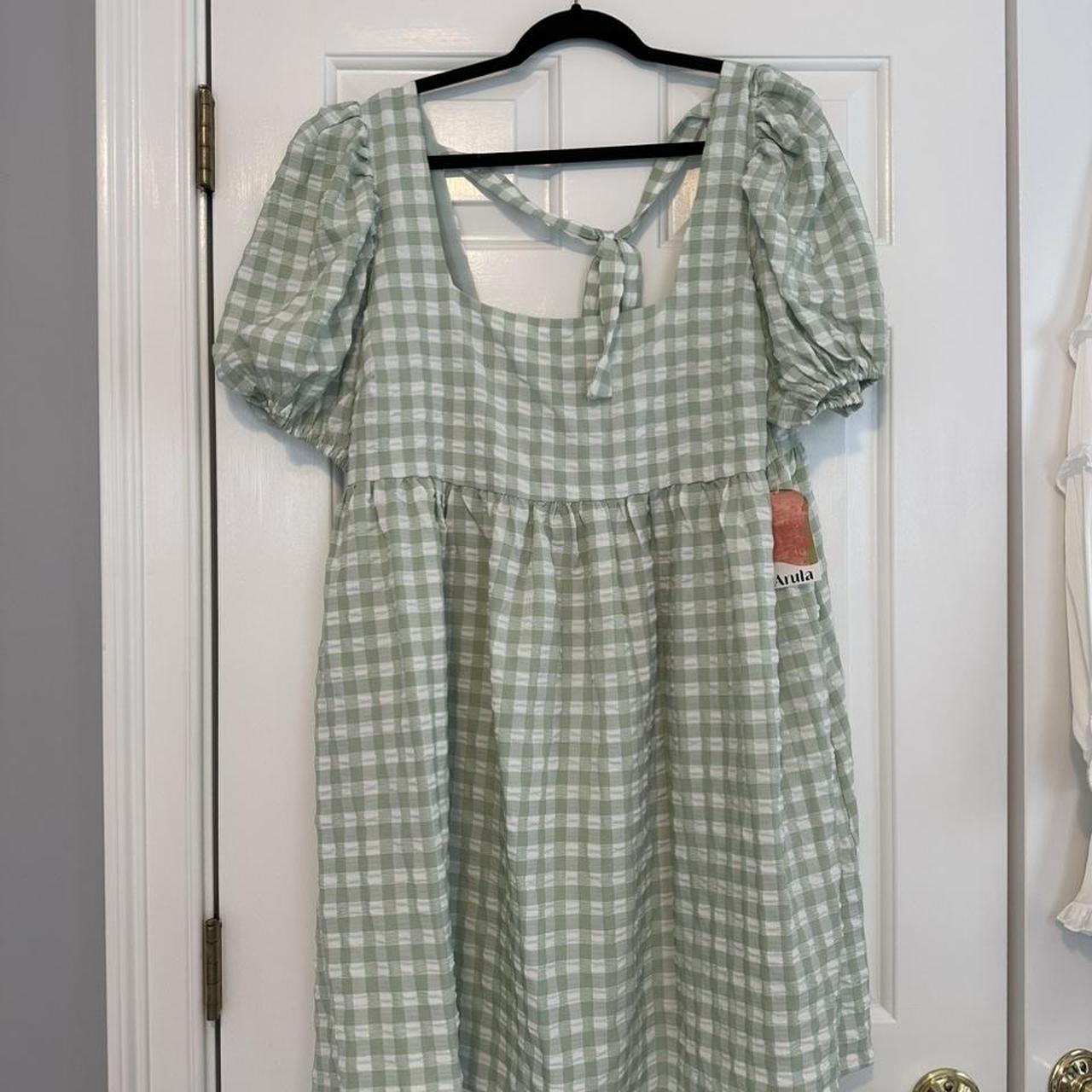 super cute green gingham dress brand is arula... - Depop