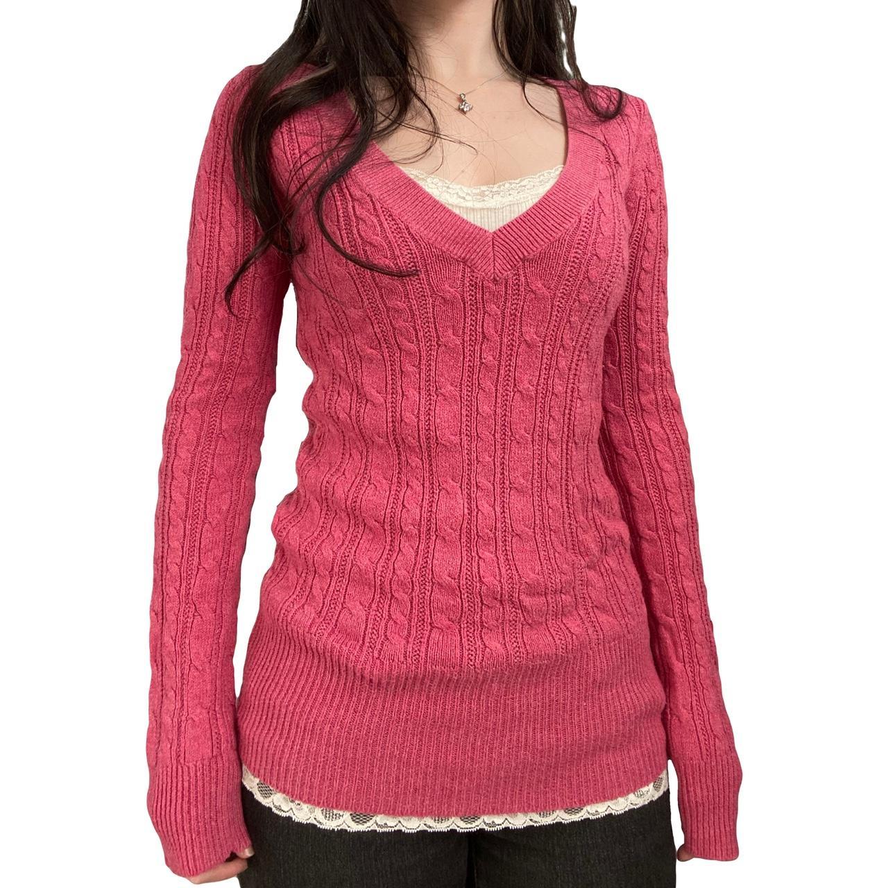 トップス 00s archive roshell v neck knit y2k 2000s vintage cute pink low v neck knit sweater from | Depop