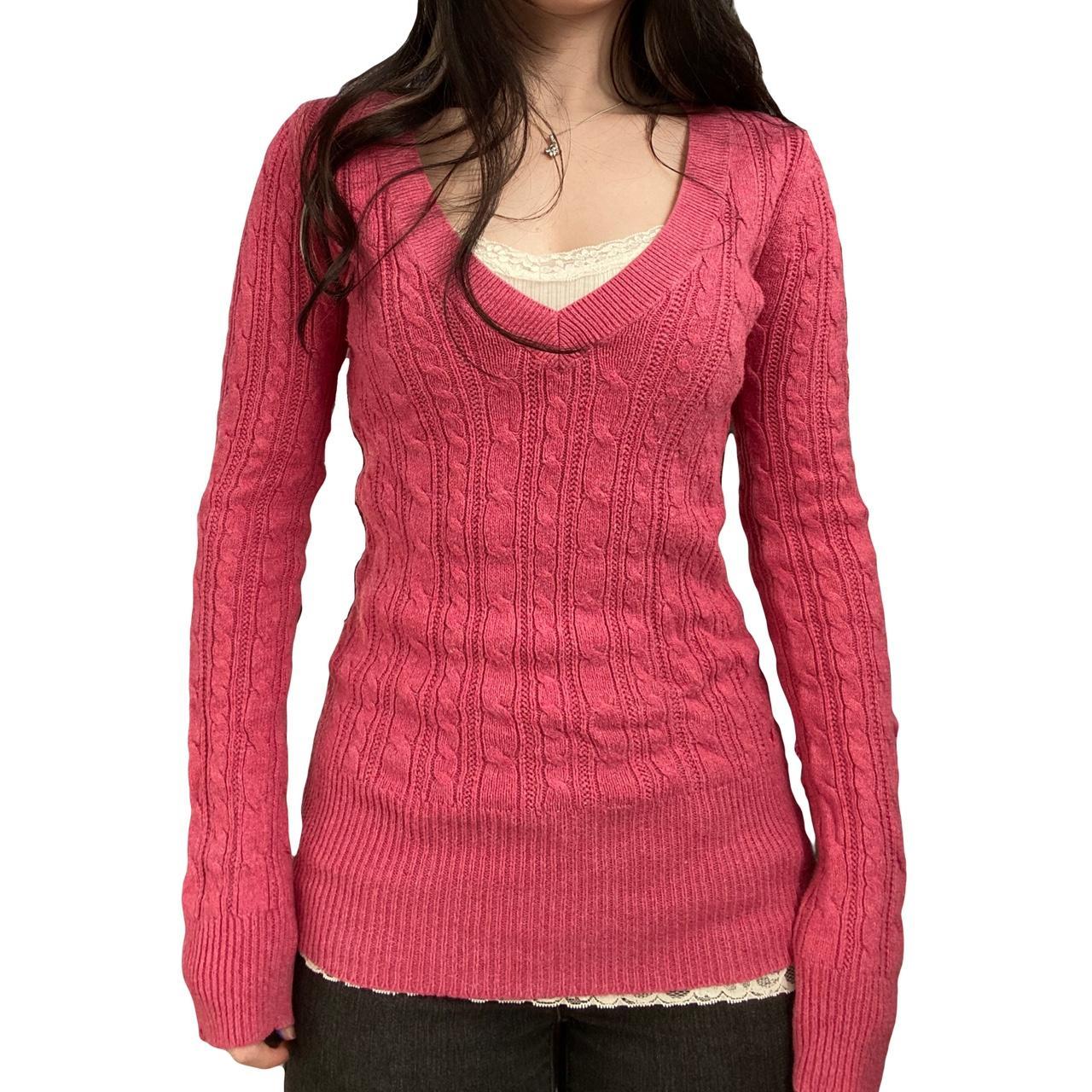 2000s vintage cute pink low v neck knit sweater Depop
