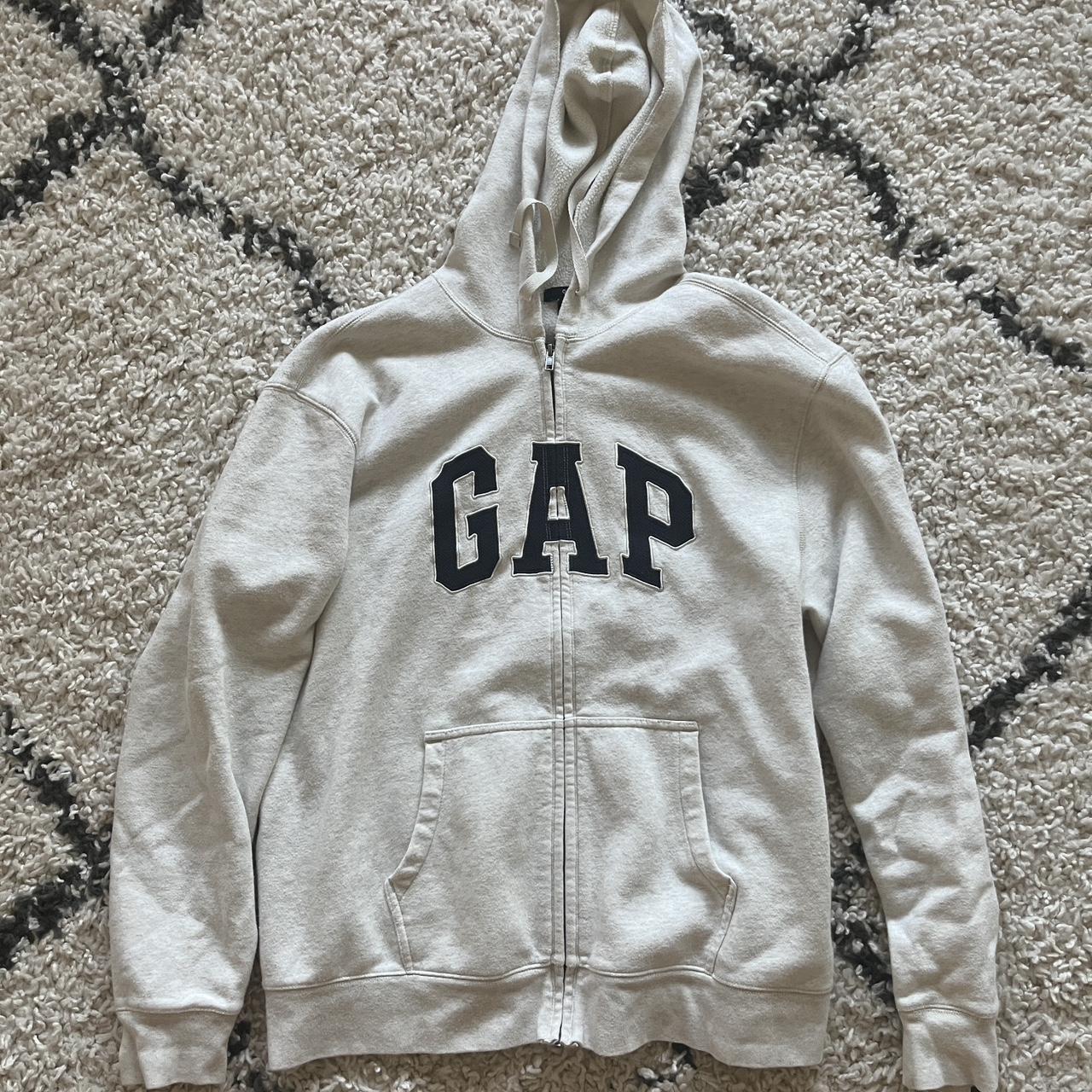 comfy white gap zip up hoodie with navy lettering -... - Depop