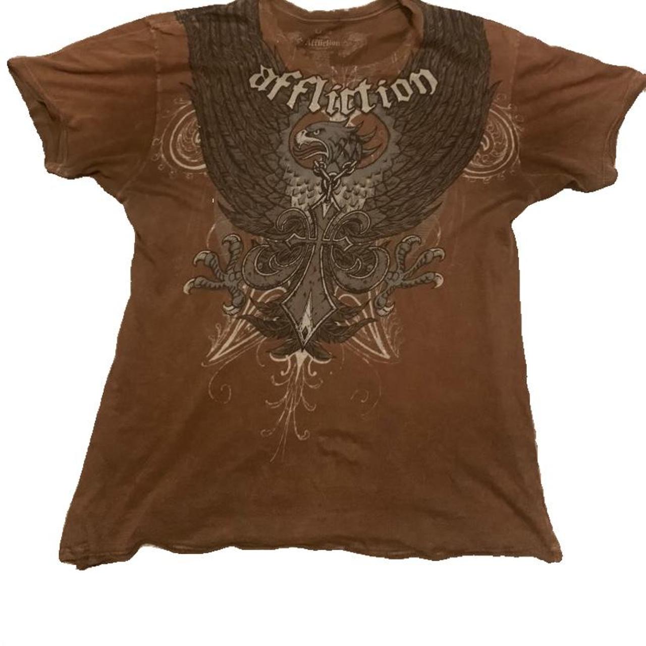 Brown Distressed Eagle Affliction Shirt Size: Large... - Depop